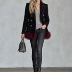 Fashionable Retro Burgundy Faux Feather Hem Black Wool Blend Coat