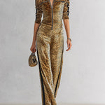 Chic Retro Tiger-Print Velvet Long-Sleeve Zip-Front Jumpsuit