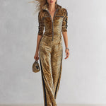 Chic Retro Tiger-Print Velvet Long-Sleeve Zip-Front Jumpsuit