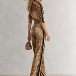 Chic Retro Tiger-Print Velvet Long-Sleeve Zip-Front Jumpsuit