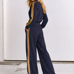 Women's Gold Striped Purple-Blue Sports Jacket And Wide-Leg Pants Set