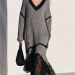 Loose-fitting V-neck Shimmering Lace Grey Mohair Knit Midi Dress