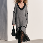 Loose-fitting V-neck Shimmering Lace Grey Mohair Knit Midi Dress
