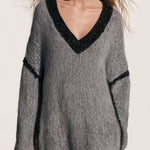 Loose-fitting V-neck Shimmering Lace Grey Mohair Knit Midi Dress