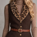 Stylish Retro Belted Leopard Print Faux Fur Collar Brown Wool Blend Vest