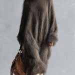 Women's Oversized Fuzzy Long-Pile Knit Mock Neck Taupe Brown Midi Dress