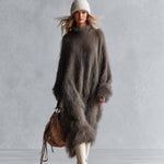 Women's Oversized Fuzzy Long-Pile Knit Mock Neck Taupe Brown Midi Dress