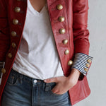 Vintage Military Red Faux Leather Gold Button Stand Collar Striped Cuff Jacket
