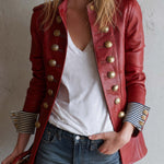 Vintage Military Red Faux Leather Gold Button Stand Collar Striped Cuff Jacket