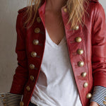 Vintage Military Red Faux Leather Gold Button Stand Collar Striped Cuff Jacket