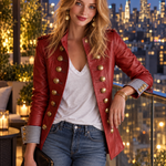 Vintage Military Red Faux Leather Gold Button Stand Collar Striped Cuff Jacket