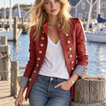 Vintage Military Red Faux Leather Gold Button Stand Collar Striped Cuff Jacket