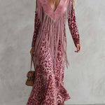 Urban West Boho Pink Leopard Print Faux Suede Fringe V-Neck Long Sleeve Maxi Dress