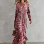 Urban West Boho Pink Leopard Print Faux Suede Fringe V-Neck Long Sleeve Maxi Dress