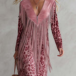 Urban West Boho Pink Leopard Print Faux Suede Fringe V-Neck Long Sleeve Maxi Dress