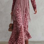 Urban West Boho Pink Leopard Print Faux Suede Fringe V-Neck Long Sleeve Maxi Dress