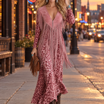 Urban West Boho Pink Leopard Print Faux Suede Fringe V-Neck Long Sleeve Maxi Dress