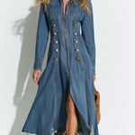 Vintage Button-up Frayed Blue Denim Long-sleeved Midi Dress