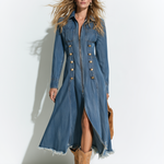 Vintage Button-up Frayed Blue Denim Long-sleeved Midi Dress