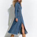 Vintage Button-up Frayed Blue Denim Long-sleeved Midi Dress