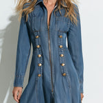 Vintage Button-up Frayed Blue Denim Long-sleeved Midi Dress