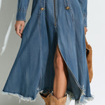 Vintage Button-up Frayed Blue Denim Long-sleeved Midi Dress