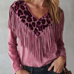 Urban West Leopard Print Fringe Faux Suede V-Neck Long Sleeve Pink Blouse