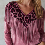 Urban West Leopard Print Fringe Faux Suede V-Neck Long Sleeve Pink Blouse