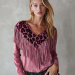 Urban West Leopard Print Fringe Faux Suede V-Neck Long Sleeve Pink Blouse