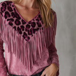 Urban West Leopard Print Fringe Faux Suede V-Neck Long Sleeve Pink Blouse