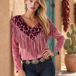 Urban West Leopard Print Fringe Faux Suede V-Neck Long Sleeve Pink Blouse