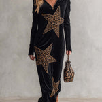 Women's Urban Black Leopard Star Quarter-Zip Long Sleeve Maxi Dress