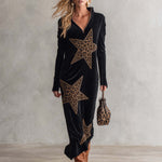 Women's Urban Black Leopard Star Quarter-Zip Long Sleeve Maxi Dress