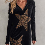 Women's Urban Black Leopard Star Quarter-Zip Long Sleeve Maxi Dress