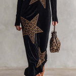 Women's Urban Black Leopard Star Quarter-Zip Long Sleeve Maxi Dress