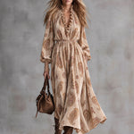 Stylish Retro Brown Ruffled V-Neck Paisley Velvet Print Maxi Dress