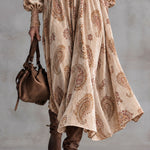 Stylish Retro Brown Ruffled V-Neck Paisley Velvet Print Maxi Dress