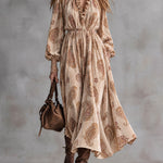 Stylish Retro Brown Ruffled V-Neck Paisley Velvet Print Maxi Dress