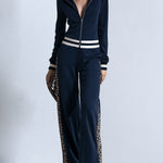 Chic & Casual Striped & Leopard-Print Trim Navy Cotton Jumpsuit