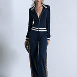 Chic & Casual Striped & Leopard-Print Trim Navy Cotton Jumpsuit