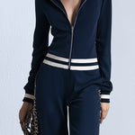 Chic & Casual Striped & Leopard-Print Trim Navy Cotton Jumpsuit