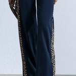 Chic & Casual Striped & Leopard-Print Trim Navy Cotton Jumpsuit