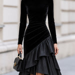 Black Velvet Satin Asymmetrical Ruffle High Low Midi Dress