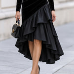 Black Velvet Satin Asymmetrical Ruffle High Low Midi Dress