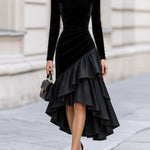Black Velvet Satin Asymmetrical Ruffle High Low Midi Dress