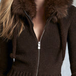 Stylish And Casual Brown Faux Fur Collar Knit Cardigan