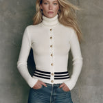 Gold Button High-neck Striped White Slim-fit Long-sleeved Sweater