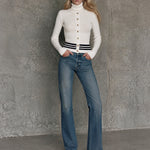 Gold Button High-neck Striped White Slim-fit Long-sleeved Sweater