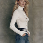 Gold Button High-neck Striped White Slim-fit Long-sleeved Sweater