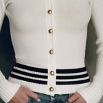 Gold Button High-neck Striped White Slim-fit Long-sleeved Sweater